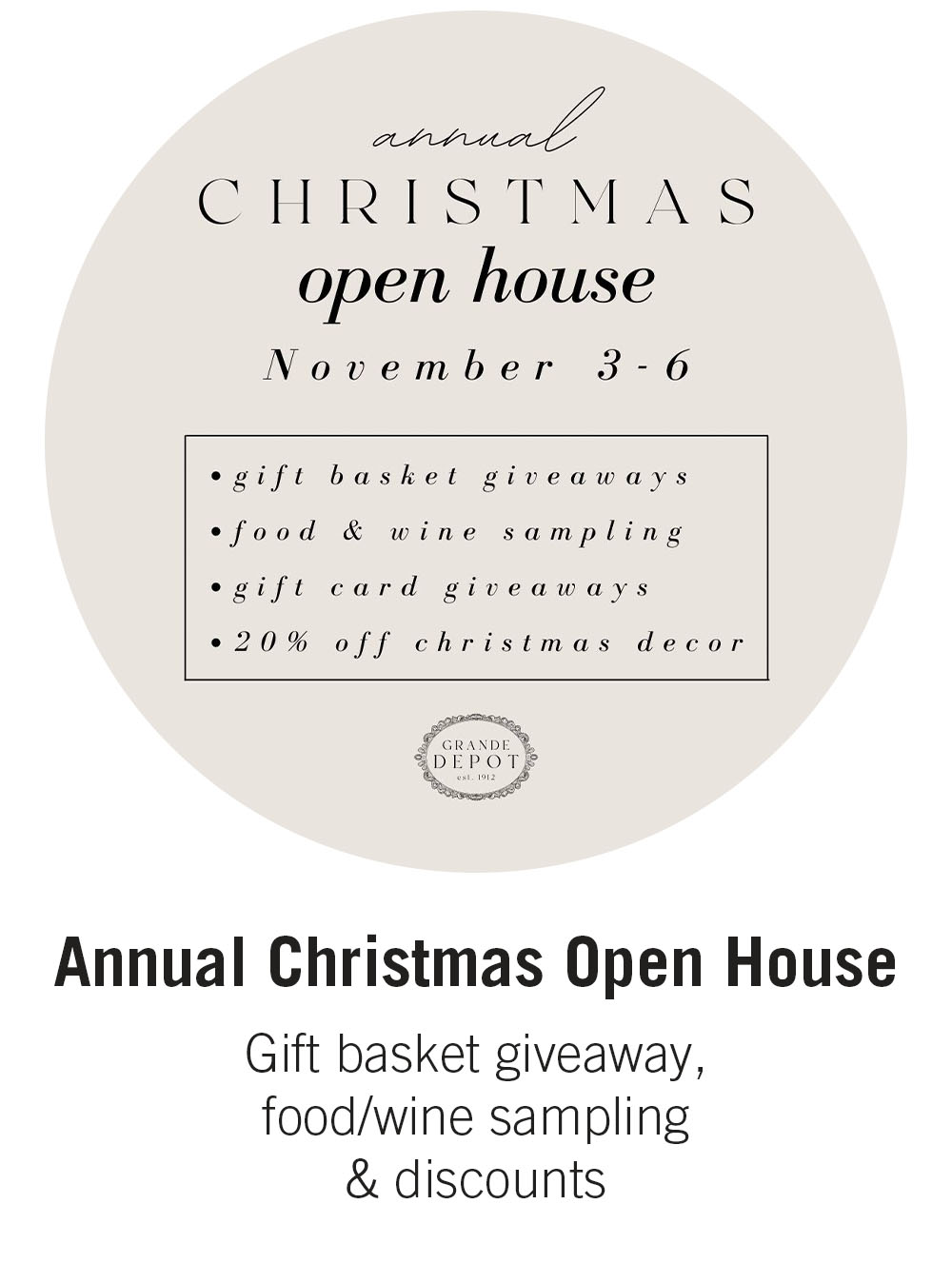 Annual Christmas Open House Gift basket giveaway, food/wine sampling & discounts